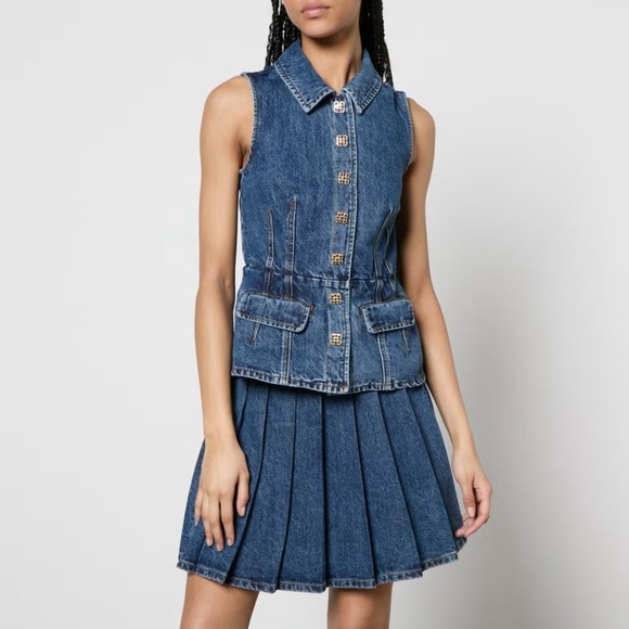 New! Self-Portrait Tailored Pleated Denim Miniskirt - Picture 4 of 10